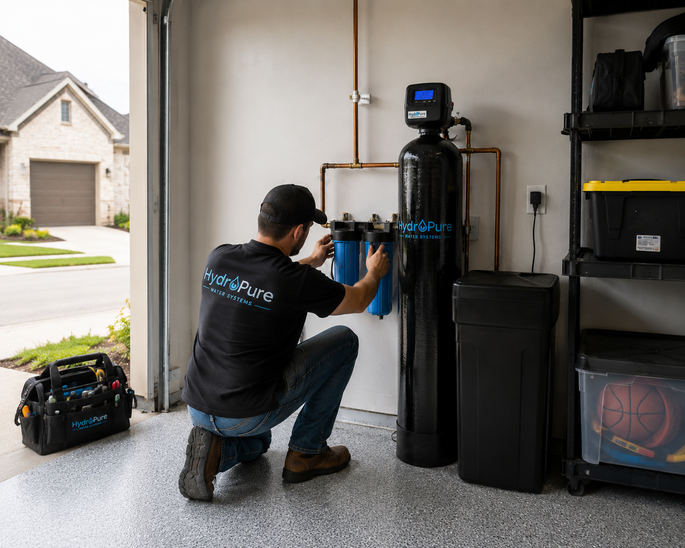 HydroPure licensed technician installing a whole-home water filtration system in a Houston area garage